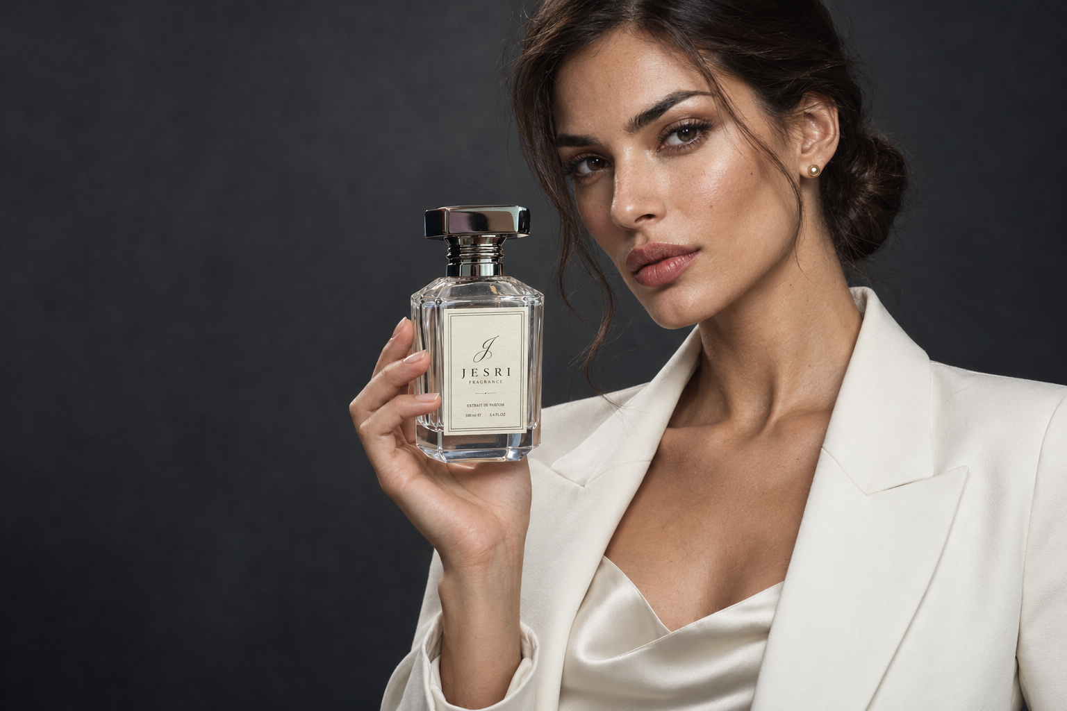 JESRI portrait campaign with the original fragrance bottle