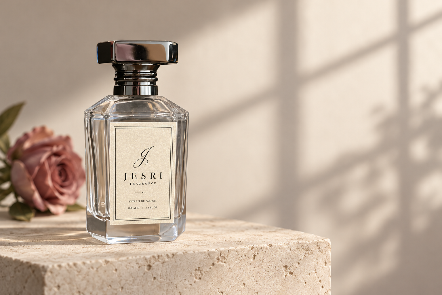 Original JESRI bottle on ivory stone with a single rose