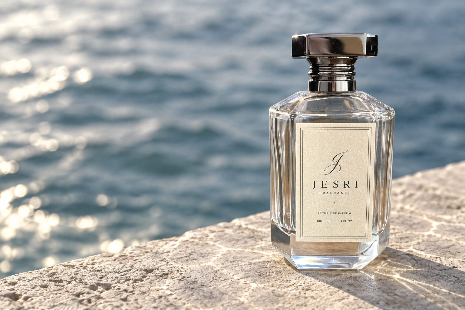 Original JESRI bottle beside sunlit water on pale stone